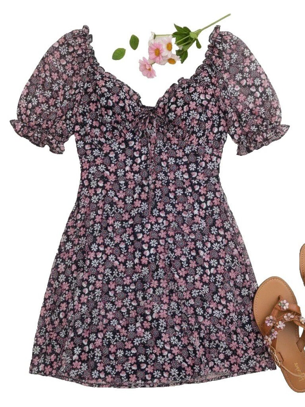 Babydoll Mini Dress Juniors Size 13 Navy Blue Pink Floral Puff Sleeves Milkmaid